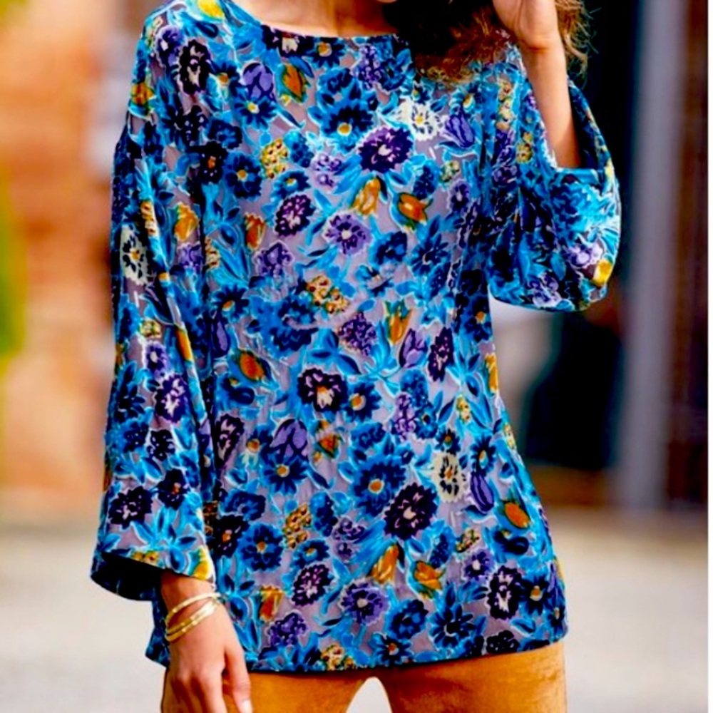 Soft Surroundings Floral Velvet Burnout Top & Cami Sz XS Blue Floral